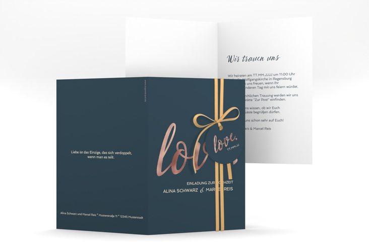 Einladungskarte Hochzeit Glam A6 Klappkarte hoch blau rosegold
