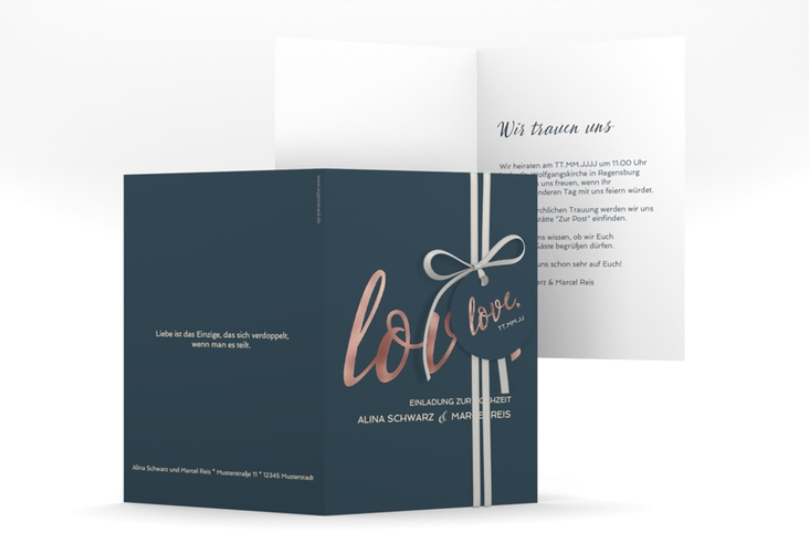 Einladungskarte Hochzeit Glam A6 Klappkarte hoch blau rosegold