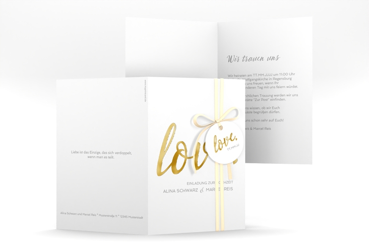 Einladungskarte Hochzeit Glam A6 Klappkarte hoch weiss gold