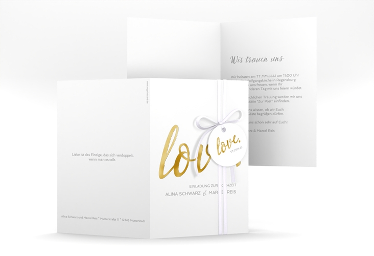 Einladungskarte Hochzeit Glam A6 Klappkarte hoch weiss gold