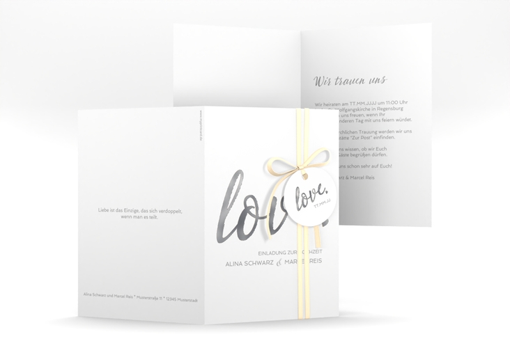 Einladungskarte Hochzeit Glam A6 Klappkarte hoch weiss silber