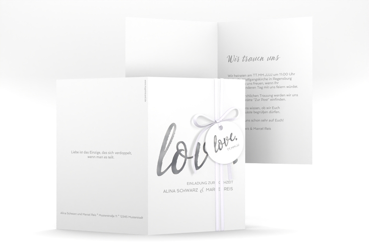 Einladungskarte Hochzeit Glam A6 Klappkarte hoch weiss silber