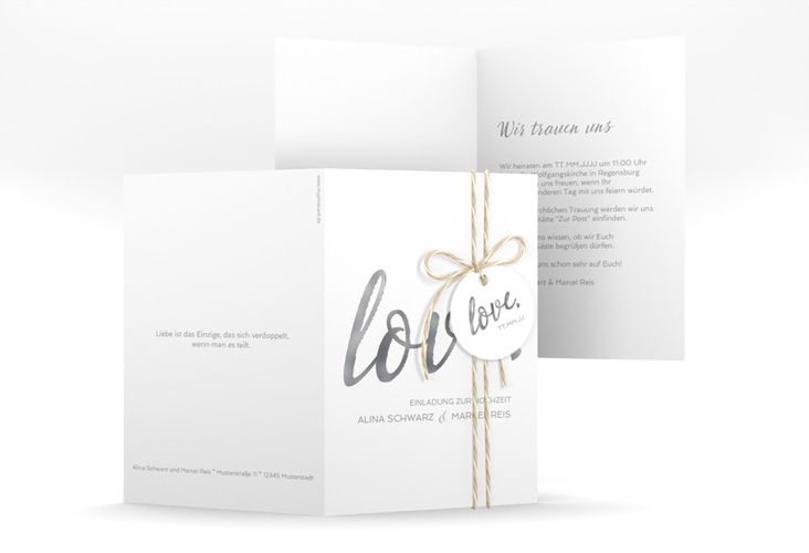 Einladungskarte Hochzeit Glam A6 Klappkarte hoch weiss silber