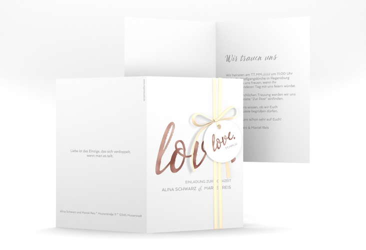 Einladungskarte Hochzeit Glam A6 Klappkarte hoch weiss rosegold
