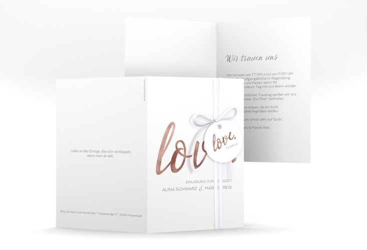 Einladungskarte Hochzeit Glam A6 Klappkarte hoch weiss rosegold