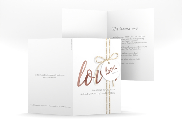 Einladungskarte Hochzeit Glam A6 Klappkarte hoch weiss rosegold