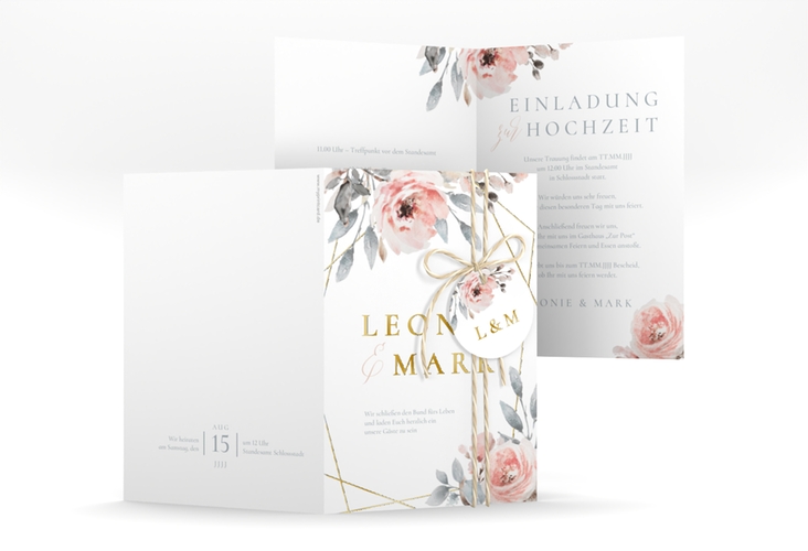 Einladungskarte Hochzeit Perfection A6 Klappkarte hoch weiss gold mit rosa Rosen