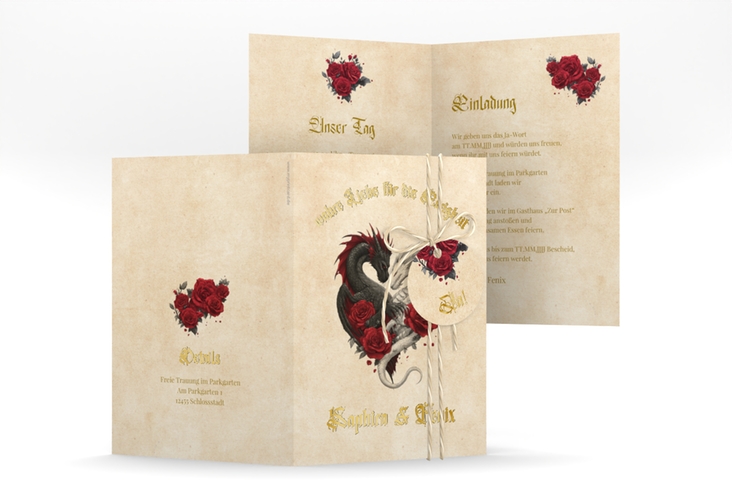 Einladungskarte Hochzeit Drachenliebe A6 Klappkarte hoch beige gold mit schwarzem und weißem Drachen zu einem Herz verschlungen