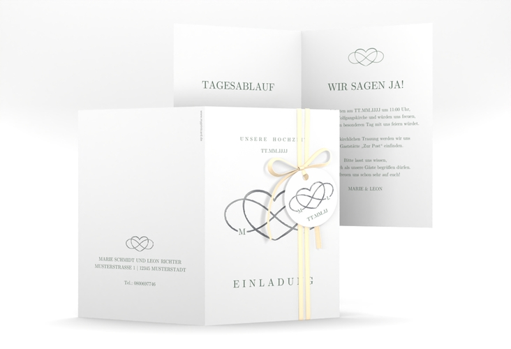 Einladungskarte Hochzeit Infinity A6 Klappkarte hoch gruen silber