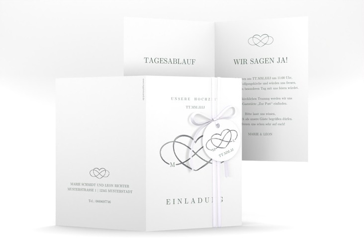 Einladungskarte Hochzeit Infinity A6 Klappkarte hoch gruen silber