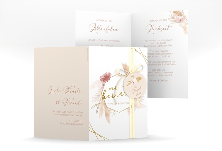 Einladungskarte Hochzeit Bohostyle A6 Klappkarte hoch beige gold mit Pampasgras in Aquarell