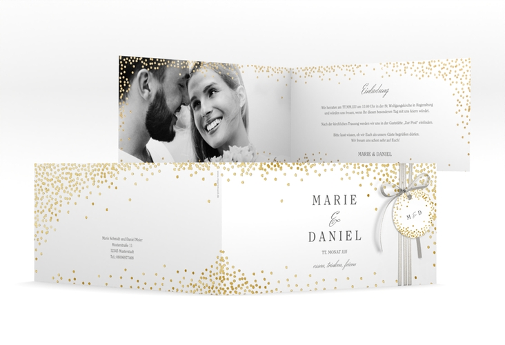 Hochzeitseinladung Glitter lange Klappkarte quer weiss gold