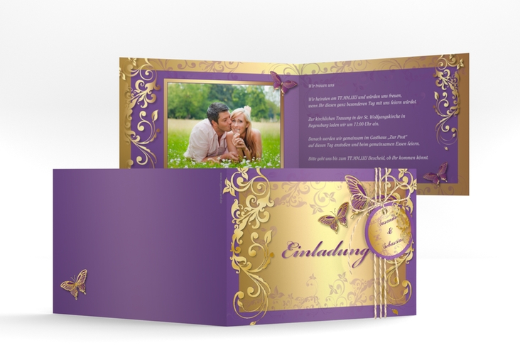 Hochzeitseinladung Toulouse A6 Klappkarte quer lila gold mit Schmetterlingen und Schnörkeln