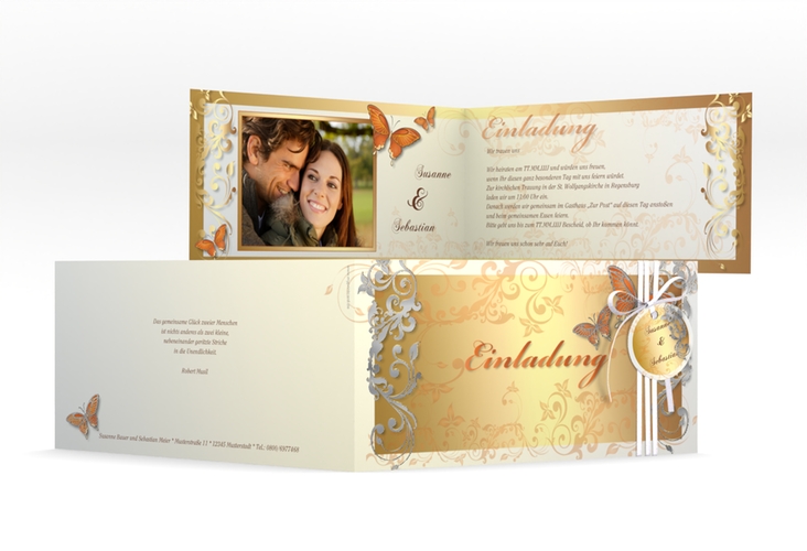 Hochzeitseinladung Toulouse lange Klappkarte quer orange silber