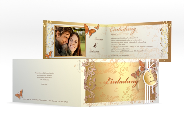 Hochzeitseinladung Toulouse lange Klappkarte quer orange rosegold
