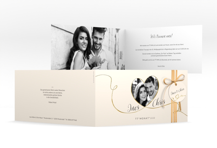 Hochzeitseinladung Dolce lange Klappkarte quer beige gold