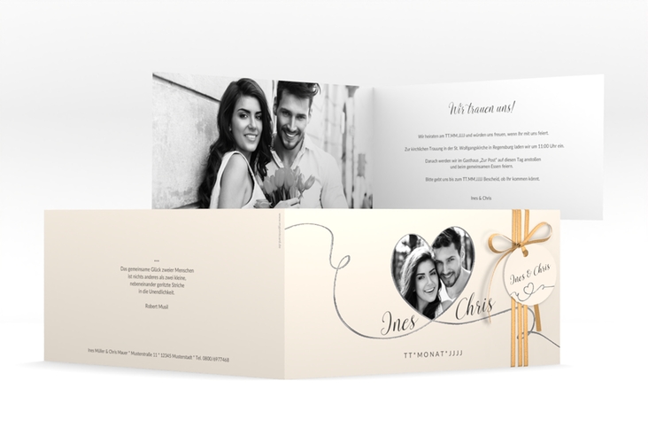 Hochzeitseinladung Dolce lange Klappkarte quer beige silber