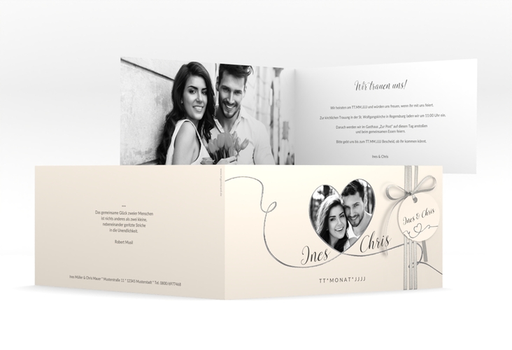 Hochzeitseinladung Dolce lange Klappkarte quer beige silber