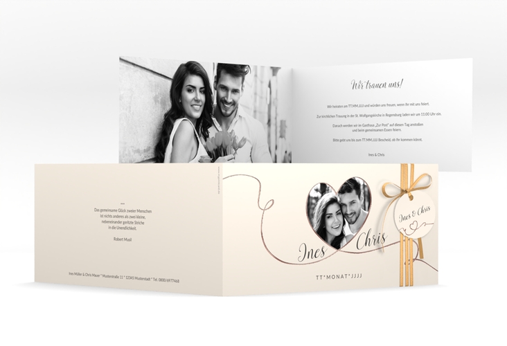Hochzeitseinladung Dolce lange Klappkarte quer beige rosegold