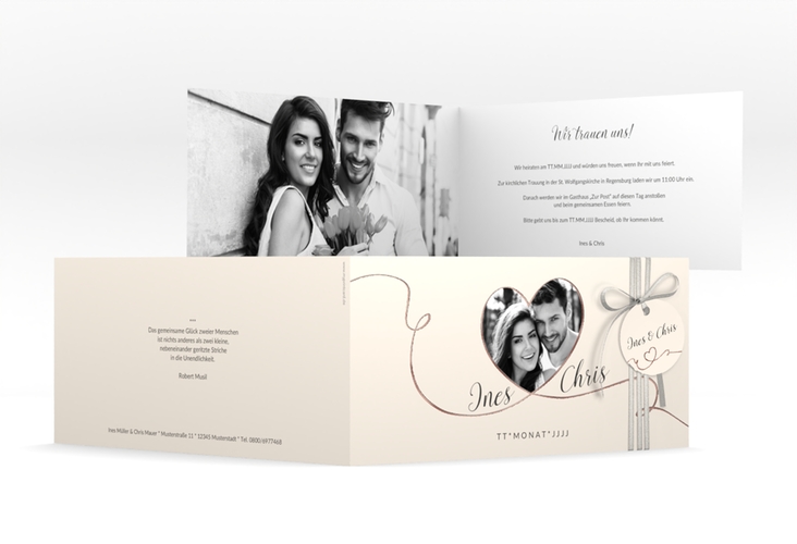 Hochzeitseinladung Dolce lange Klappkarte quer beige rosegold