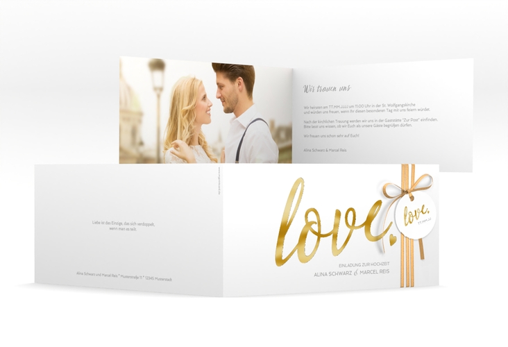 Hochzeitseinladung Glam lange Klappkarte quer weiss gold