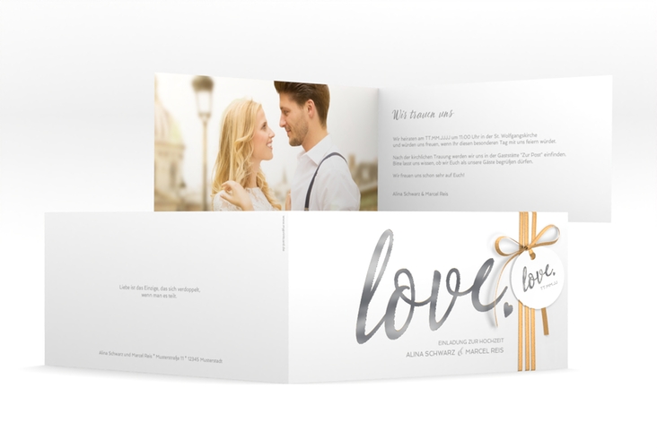 Hochzeitseinladung Glam lange Klappkarte quer weiss silber