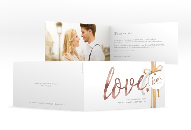 Hochzeitseinladung Glam lange Klappkarte quer weiss rosegold