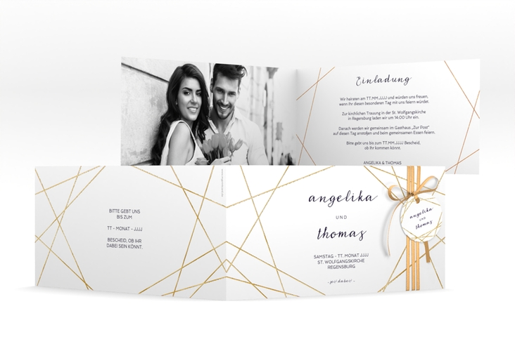 Hochzeitseinladung Asymmetry lange Klappkarte quer weiss gold