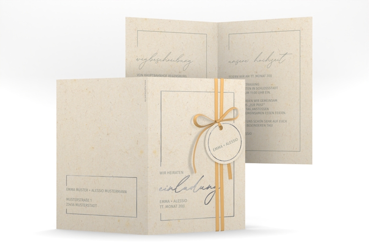 Einladungskarte Hochzeit Simple Line A6 Klappkarte hoch beige silber