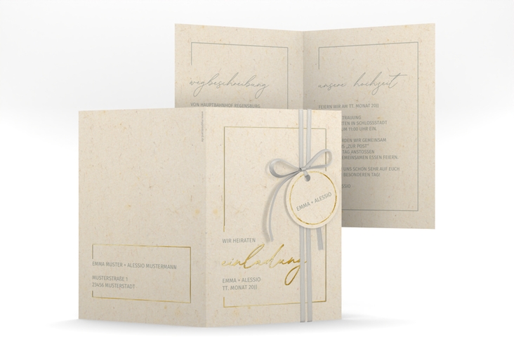 Einladungskarte Hochzeit Simple Line A6 Klappkarte hoch beige gold