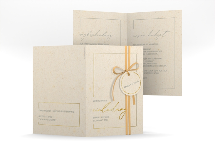 Einladungskarte Hochzeit Simple Line A6 Klappkarte hoch beige gold