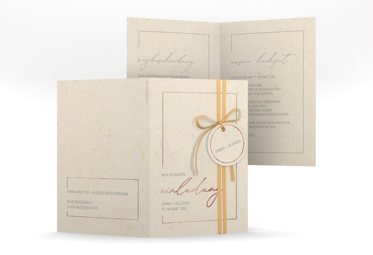 Einladungskarte Hochzeit Simple Line A6 Klappkarte hoch beige rosegold