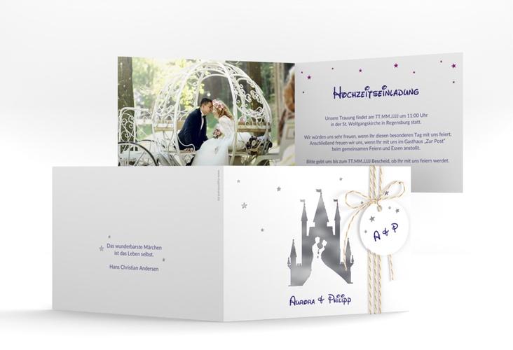 Hochzeitseinladung Castle A6 Klappkarte quer lila silber