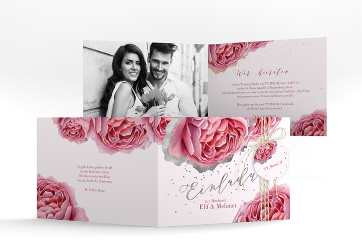 Hochzeitseinladung Cherie A6 Klappkarte quer rosa silber
