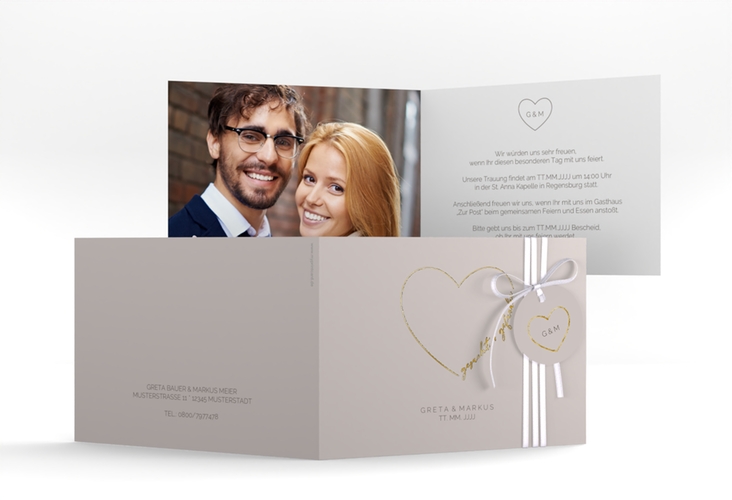 Hochzeitseinladung Lebenstraum A6 Klappkarte quer grau gold