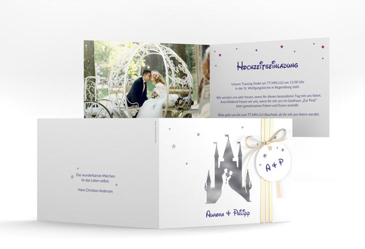 Hochzeitseinladung Castle A6 Klappkarte quer lila silber