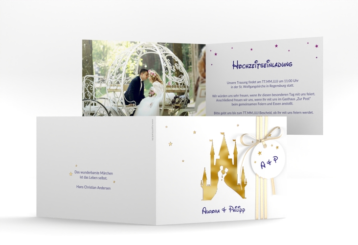 Hochzeitseinladung Castle A6 Klappkarte quer lila gold