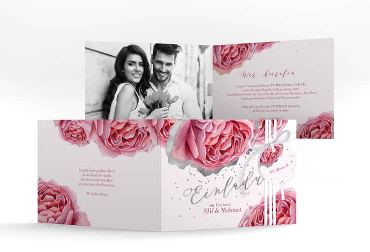 Hochzeitseinladung Cherie A6 Klappkarte quer rosa silber