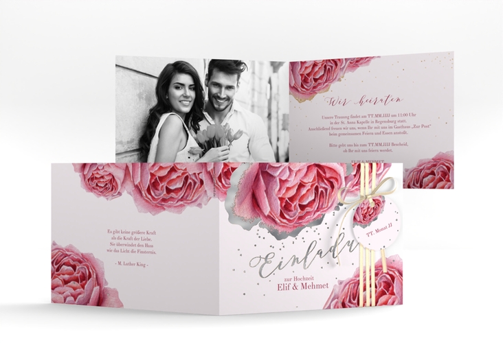 Hochzeitseinladung Cherie A6 Klappkarte quer rosa silber
