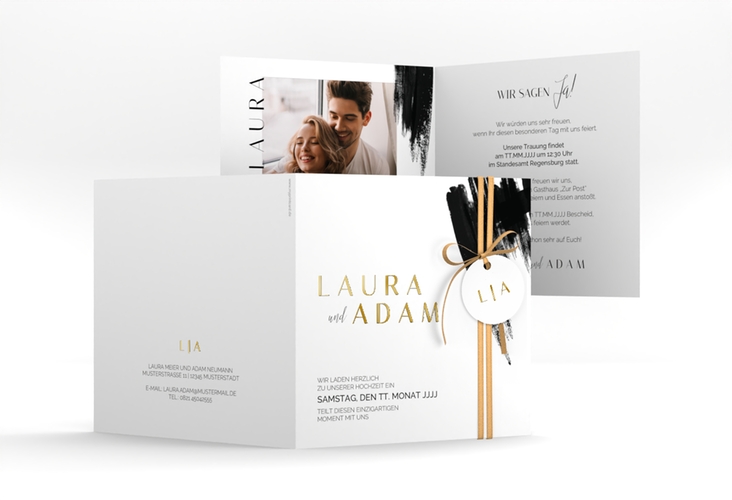 Hochzeitseinladung Brush quadr. Klappkarte schwarz gold