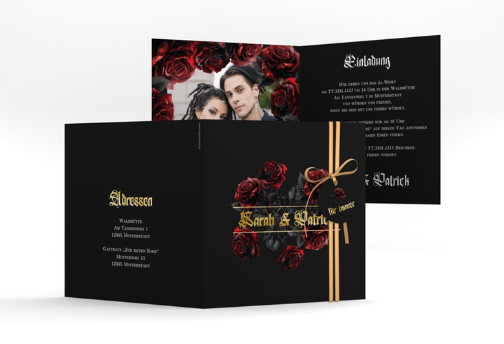 Hochzeitseinladung Gothic Rose quadr. Klappkarte schwarz gold