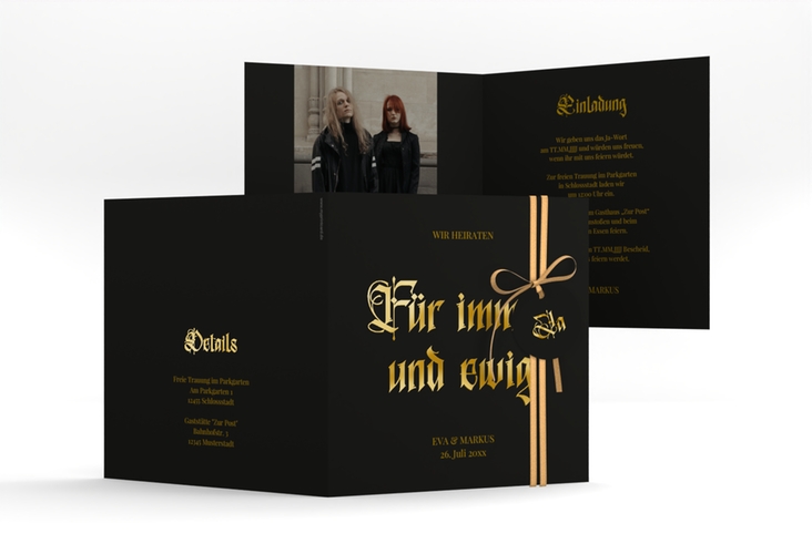 Hochzeitseinladung Wednesday quadr. Klappkarte schwarz gold