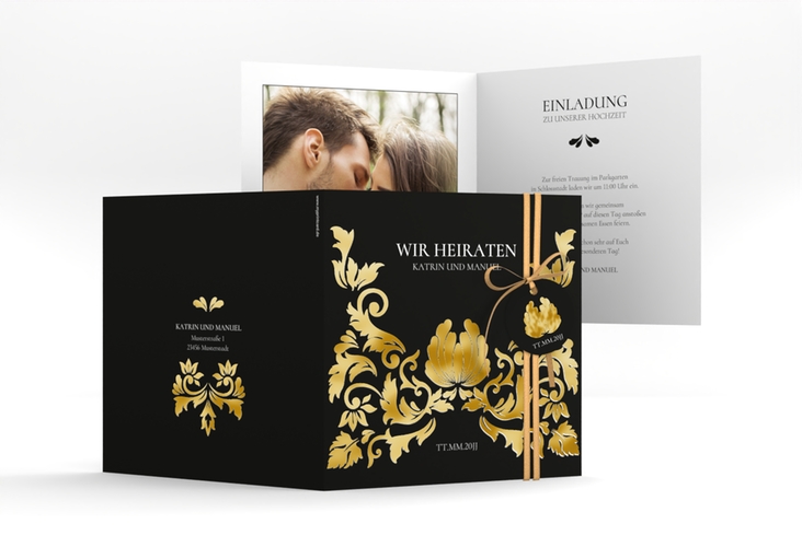 Hochzeitseinladung Royal quadr. Klappkarte schwarz gold mit barockem Blumen-Ornament