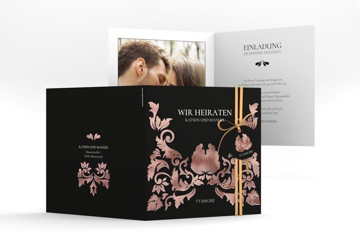 Hochzeitseinladung Royal quadr. Klappkarte schwarz rosegold mit barockem Blumen-Ornament