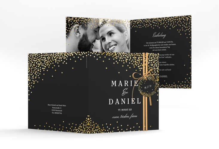 Hochzeitseinladung Glitter quadr. Klappkarte schwarz gold
