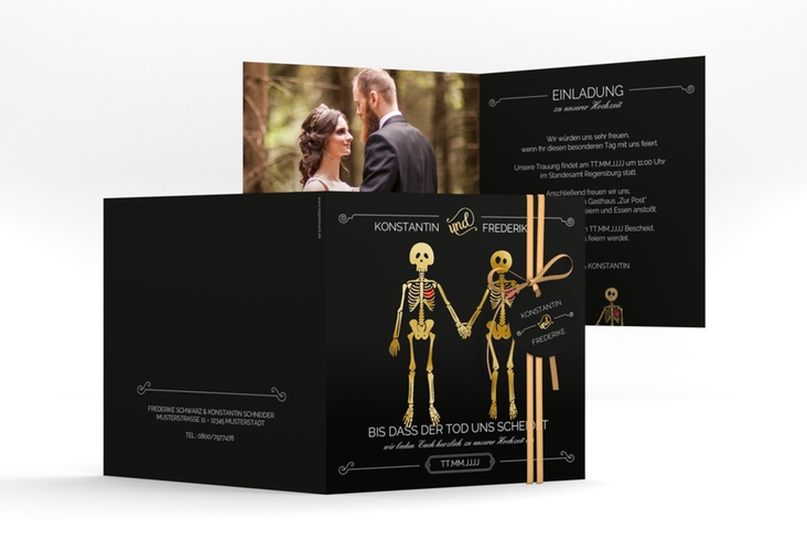 Hochzeitseinladung "Bones" quadratische Klappkarte schwarz gold