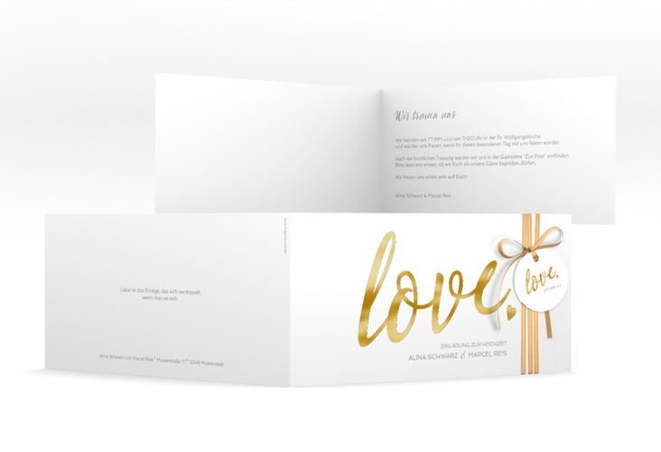 Hochzeitseinladung Glam lange Klappkarte quer weiss gold