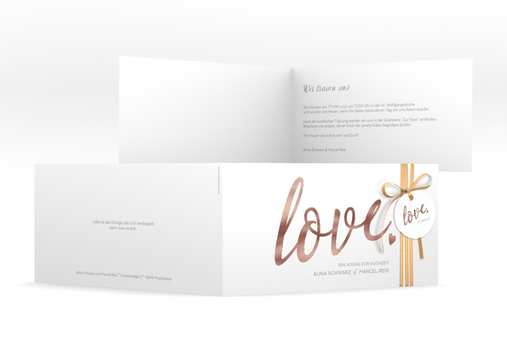 Hochzeitseinladung Glam lange Klappkarte quer weiss rosegold