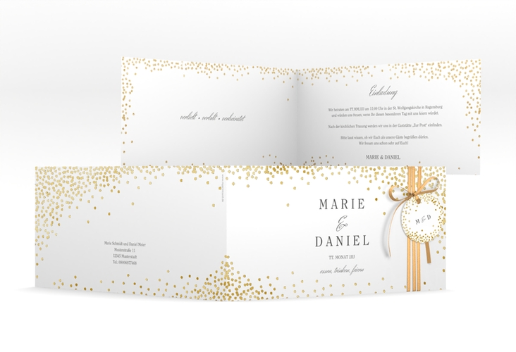 Hochzeitseinladung Glitter lange Klappkarte quer weiss gold