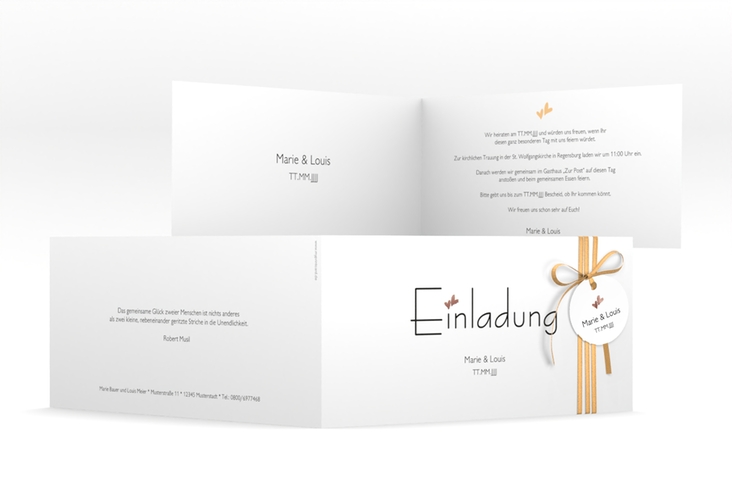Hochzeitseinladung Twohearts lange Klappkarte quer beige rosegold